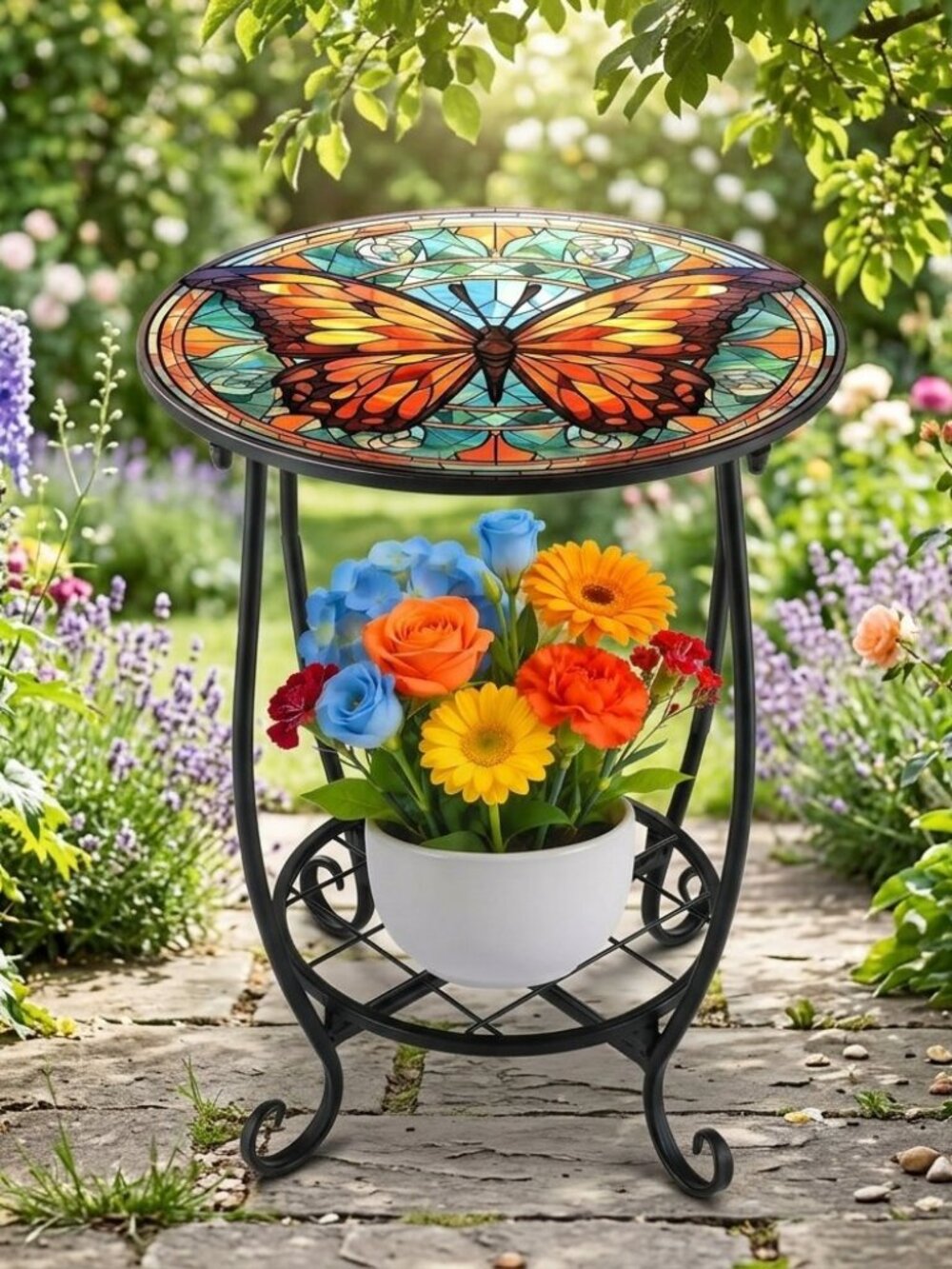 Mosaic Butterfly Patio Side Table Outdoor Garden Accent Plant Stand 14" Round